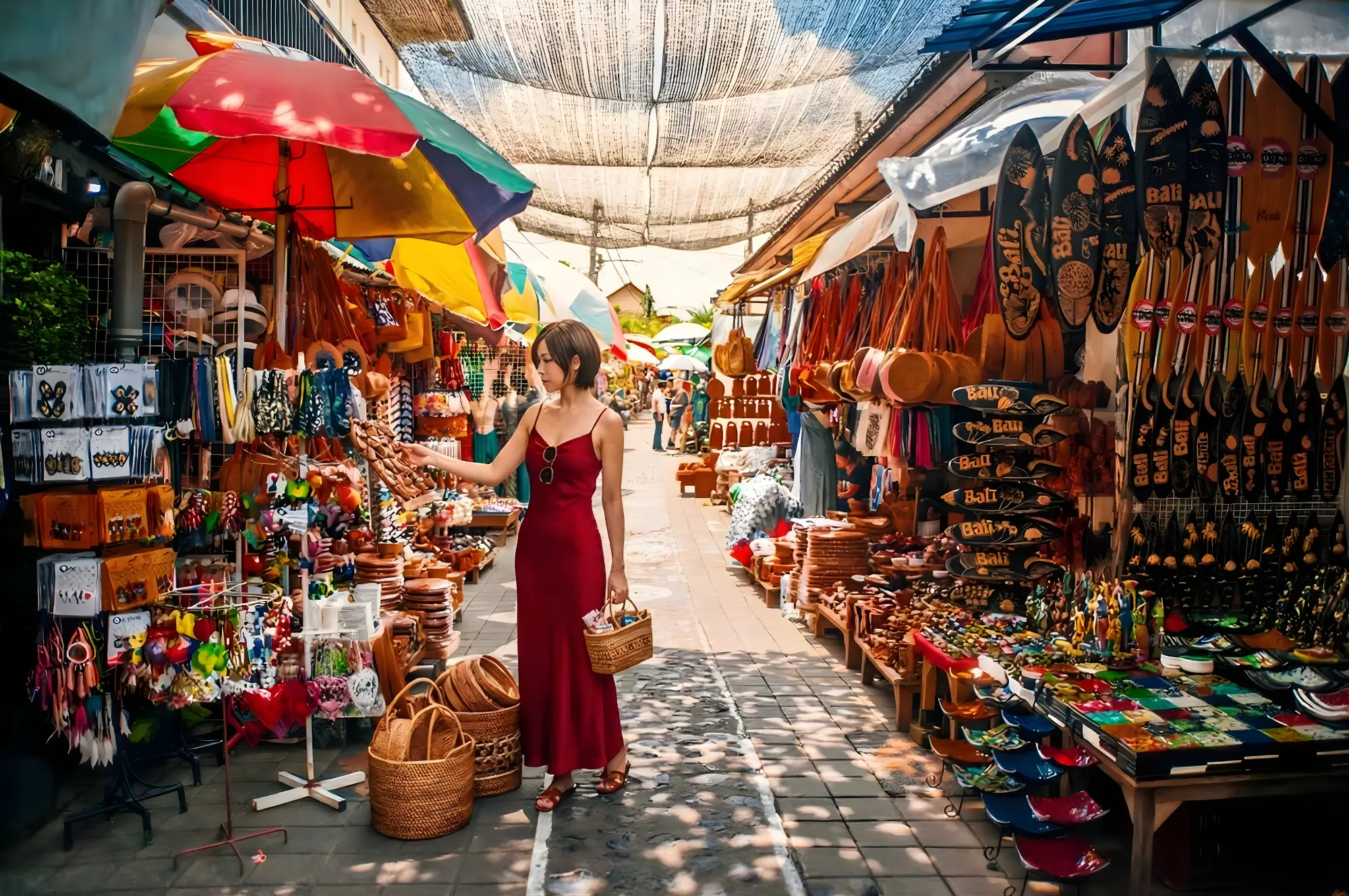 A traveler in a red slip dress browsing outdoor stalls filled with hand-carved crafts, woven rattan bags, and colorful local souvenirs at the Ubud Art Market.