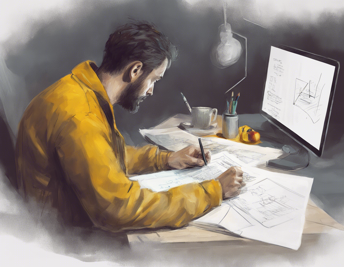 Название: Человек за рабочим столом с ноутбуком, изучающий руководство по Яндекс Директ - описание: Человек за рабочим столом с ноутбуком, изучающий руководство по Яндекс Директ