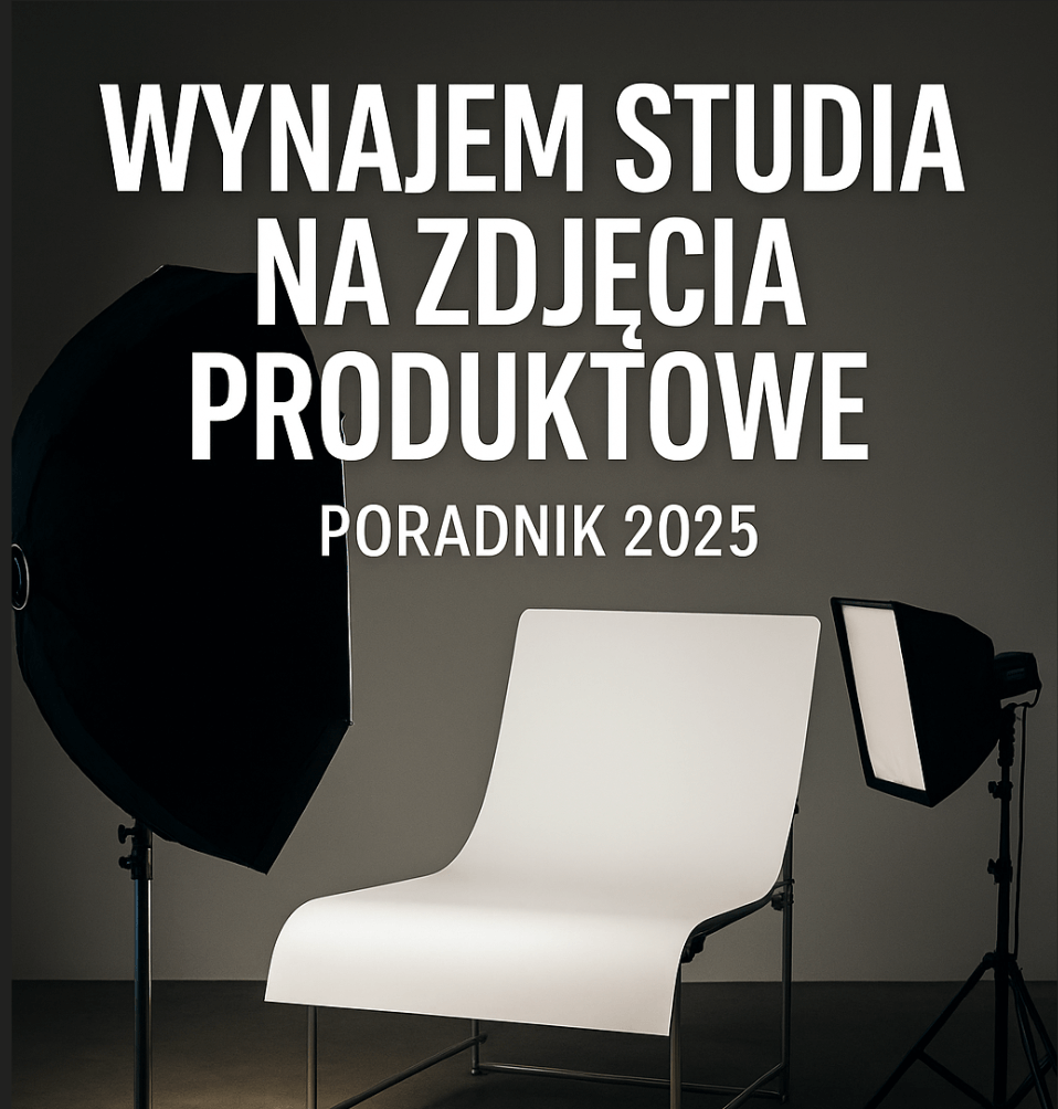 biały stół bezcieniowy, otoczony lampami studyjnymi. Na grafice widnieje tytuł „Wynajem studia na zdjęcia produktowe – Poradnik