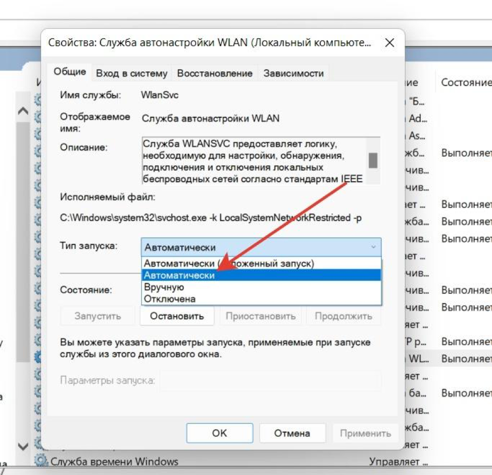 Настройка типа запуска