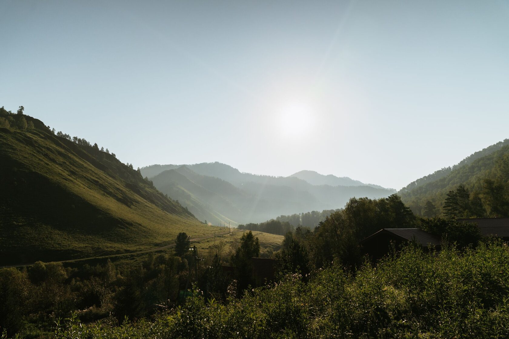 Hazy mountain ridges at dawn