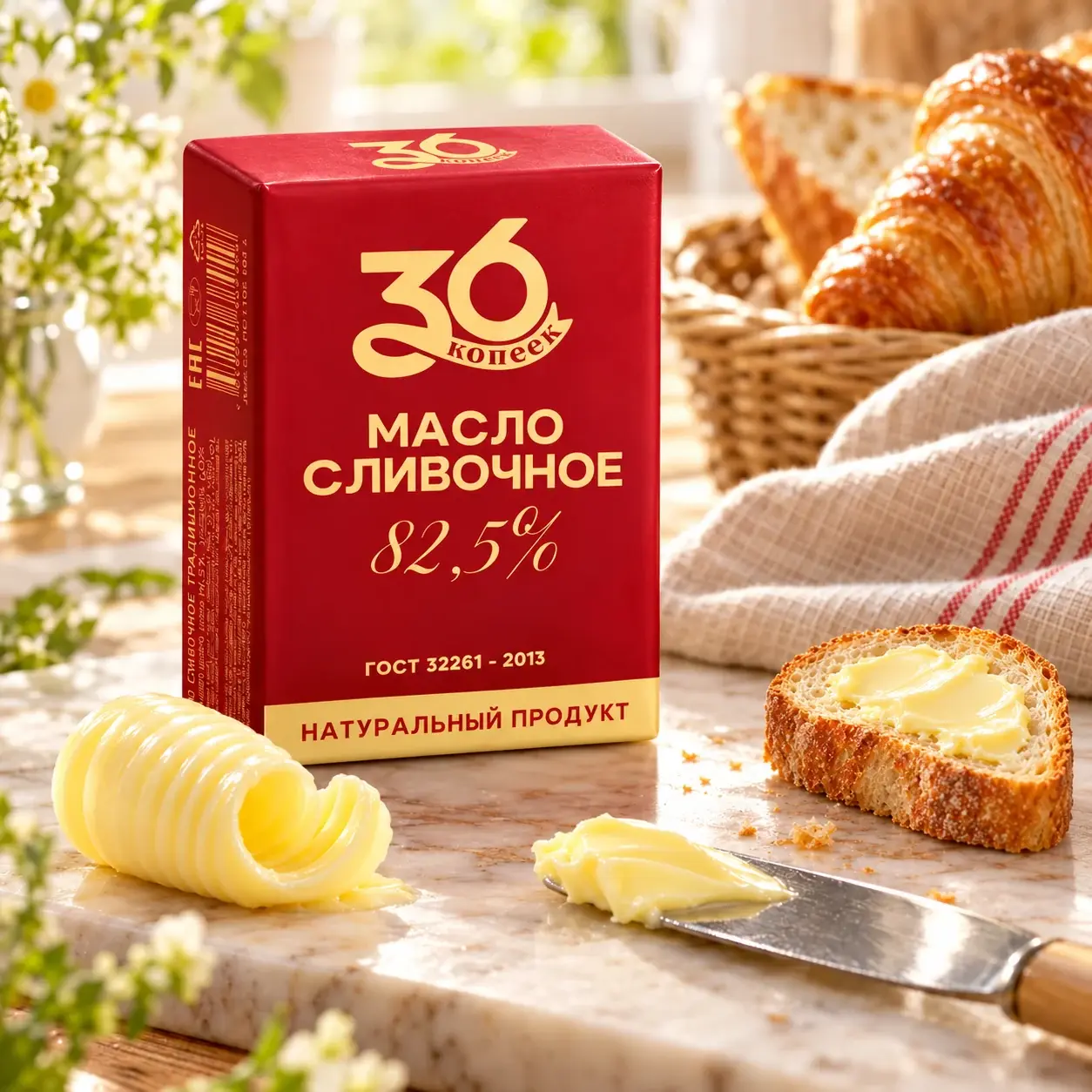 Масло сливочное традиционное 82,5% 36 копеек - упаковка и сервировка