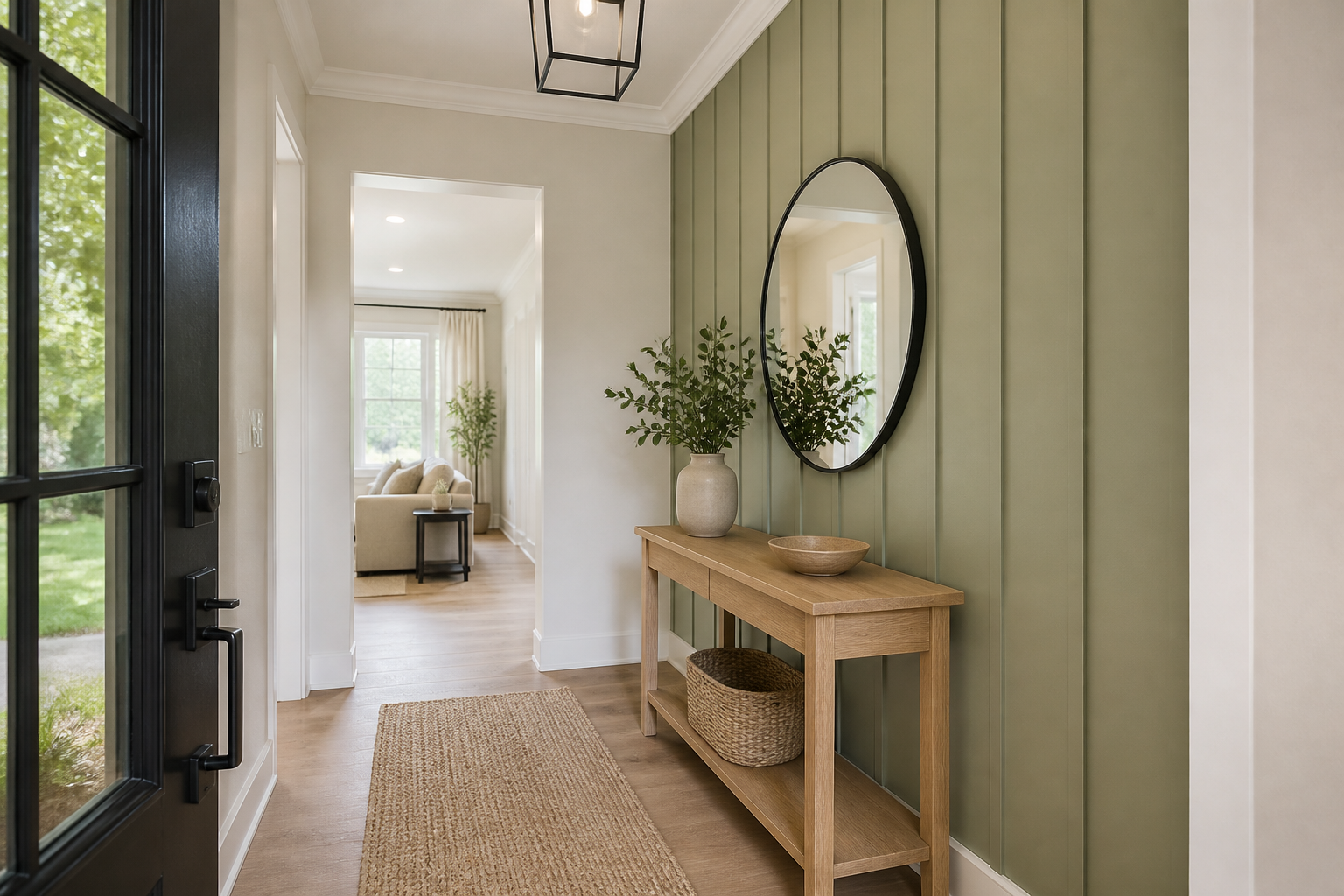 Muted sage vertical board and batten accent wall with a slim oak console and round mirror in an Atlanta entryway