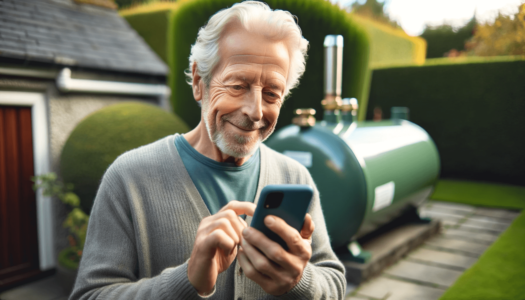 Elderly person browse phone for oil tank replacement company