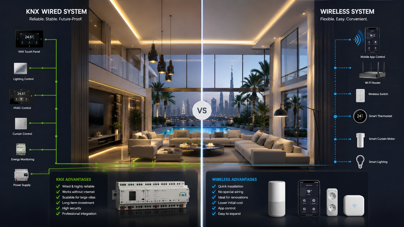 KNX smart home automation system in a luxury Dubai villa with intelligent lighting HVAC control automated curtains and centralized home management.