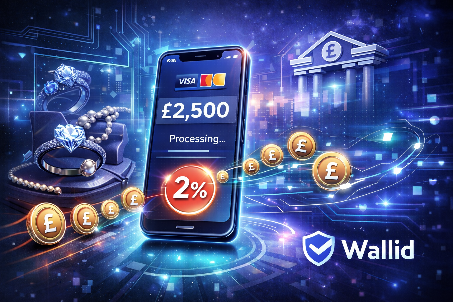 Futuristic illustration showing £2,500 jewelry transaction with 2% card processing fee, luxury rings and diamonds, flowing pound coins, bank symbol, and Wallid pay-by-bank branding.