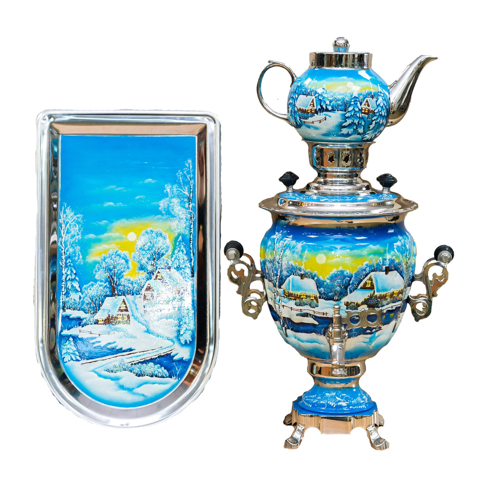 Набор самовара электрического 3 литра с росписью «Зима» №23