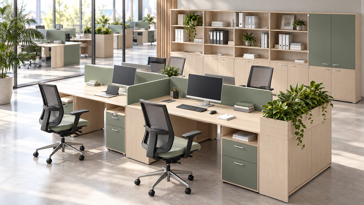 Open space с рабочими местами, тумбами и шкафами в светлом дубе и зелёном декоре