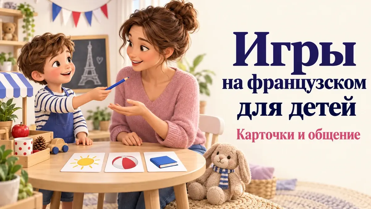 Ребенок и взрослый играют с карточками, игрушками и цветными карандашами за столом.