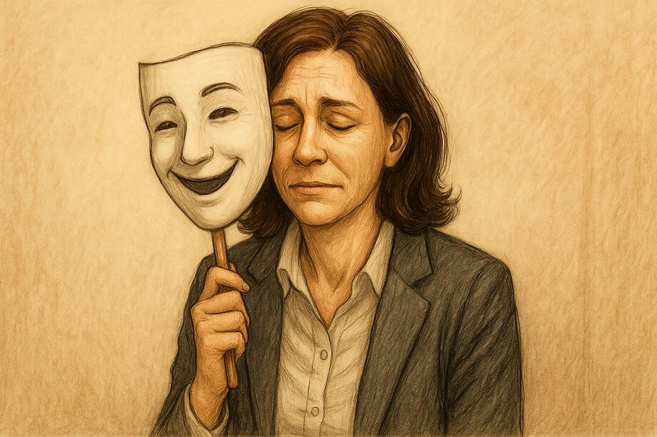 Психолог с маской улыбающегося лица, под которой усталое выражение. Символ фасада и эмоционального выгорания