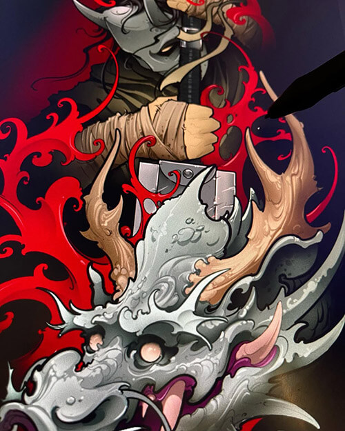 A Berserk-inspired tattoo sleeve design featuring Guts in armor, clutching the Dragon Slayer sword, against the backdrop of a slain dragon's head. The design is done in a neo-traditional style, using contrasting red, black, and gray tones.