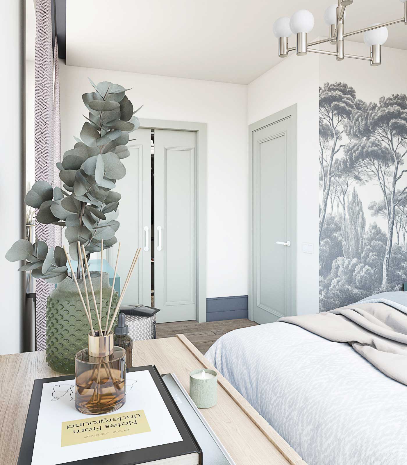 Вход в гардеробную, раздвижные двери. Люстра в спальне. туалетный столик 