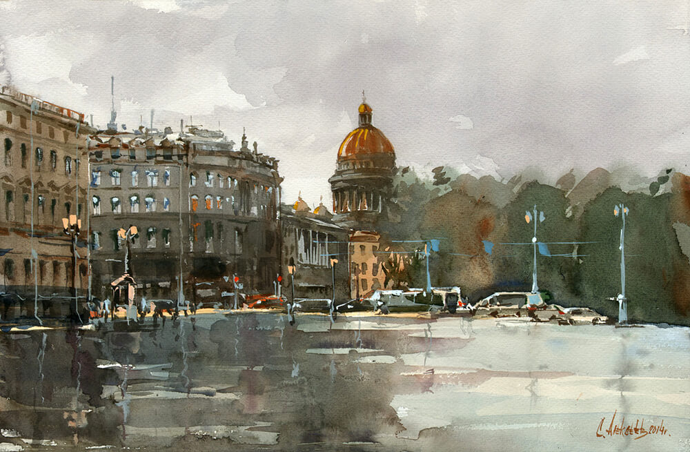 The Palace Square after the rain. 2014. Watercolor on paper, 36x56 cm