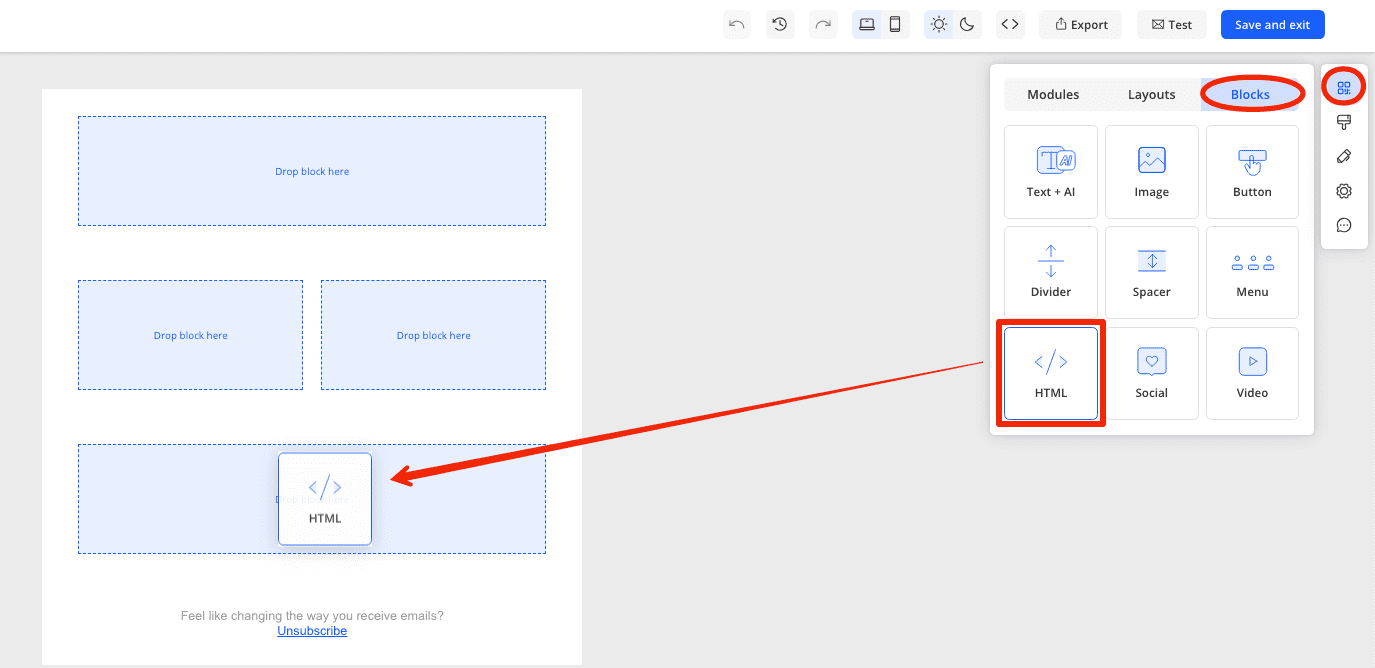 Drag and drop html block to email