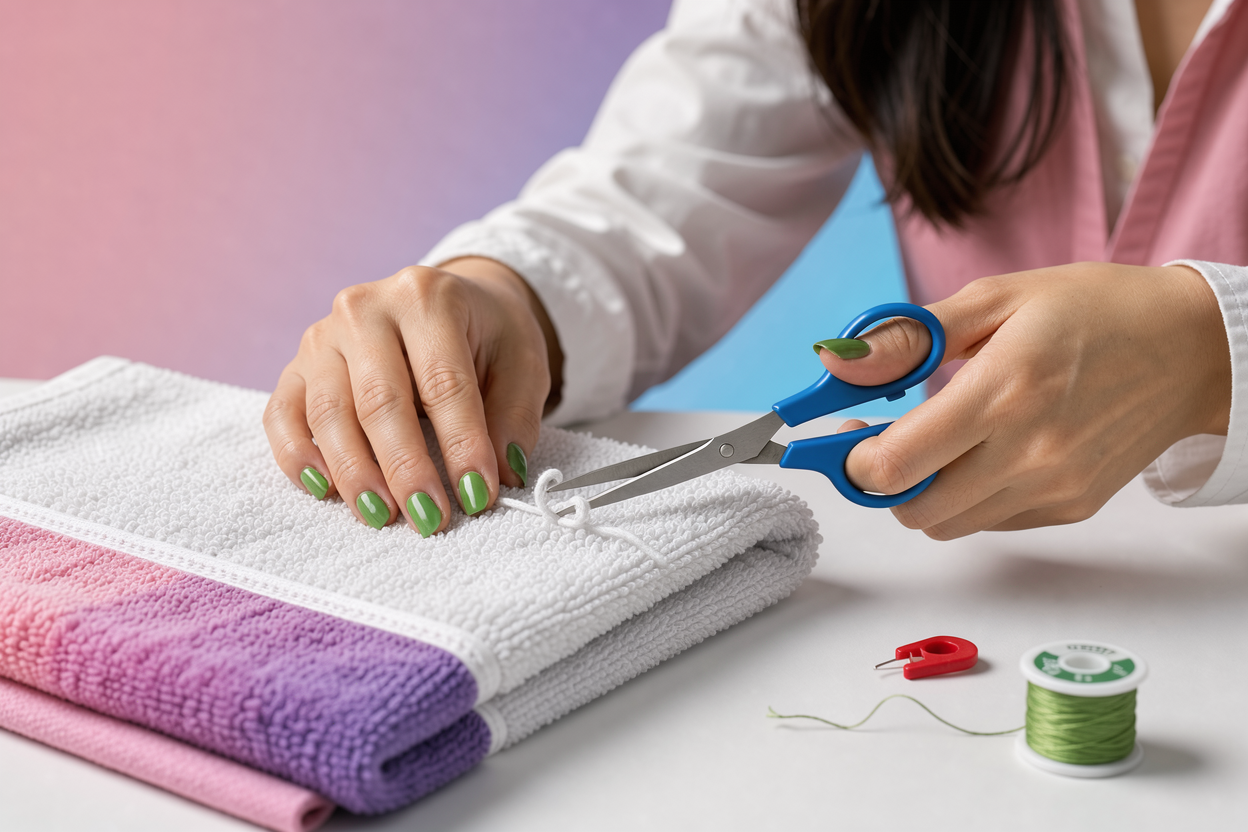 close-up of a person trimming a loose loop on a terry towel with scissors, careful maintenance of fabric without showing any cleaning products