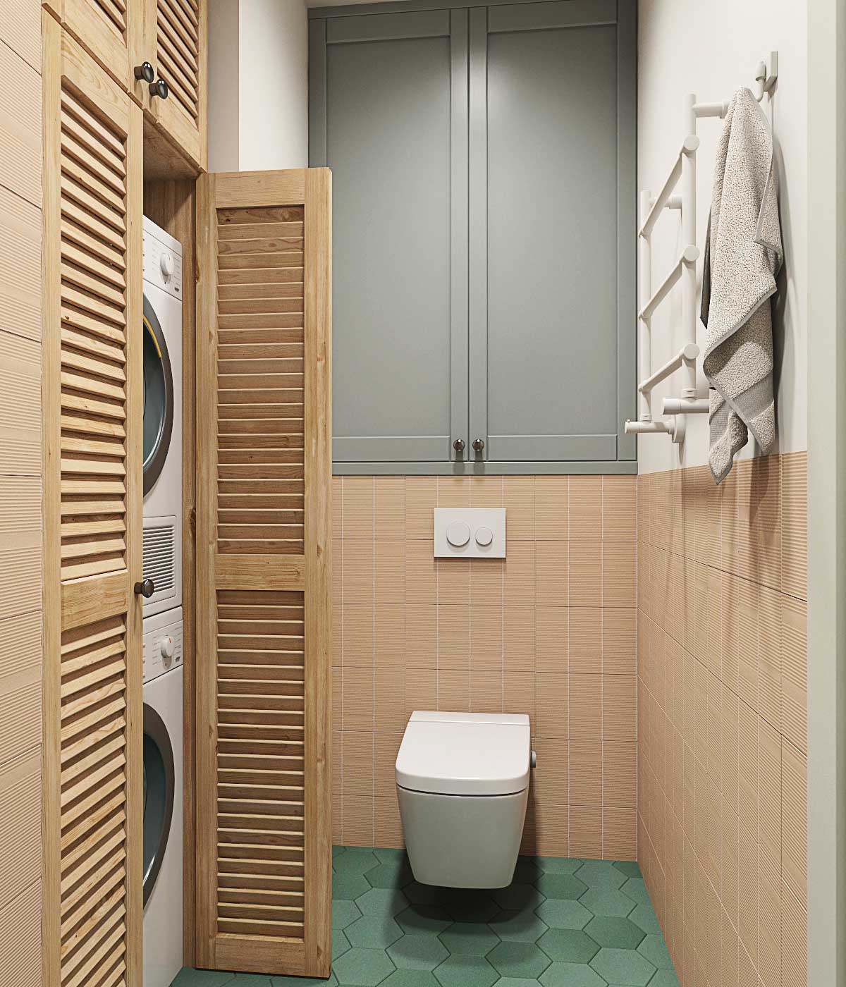 Подвесной унитаз с инсталляцией шкаф над унитазом, белый полотенцесушитель. Решетки двери на шкафу 