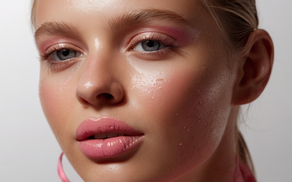 Close-up beauty portrait showing a model&rsquo;s face and direct gaze.