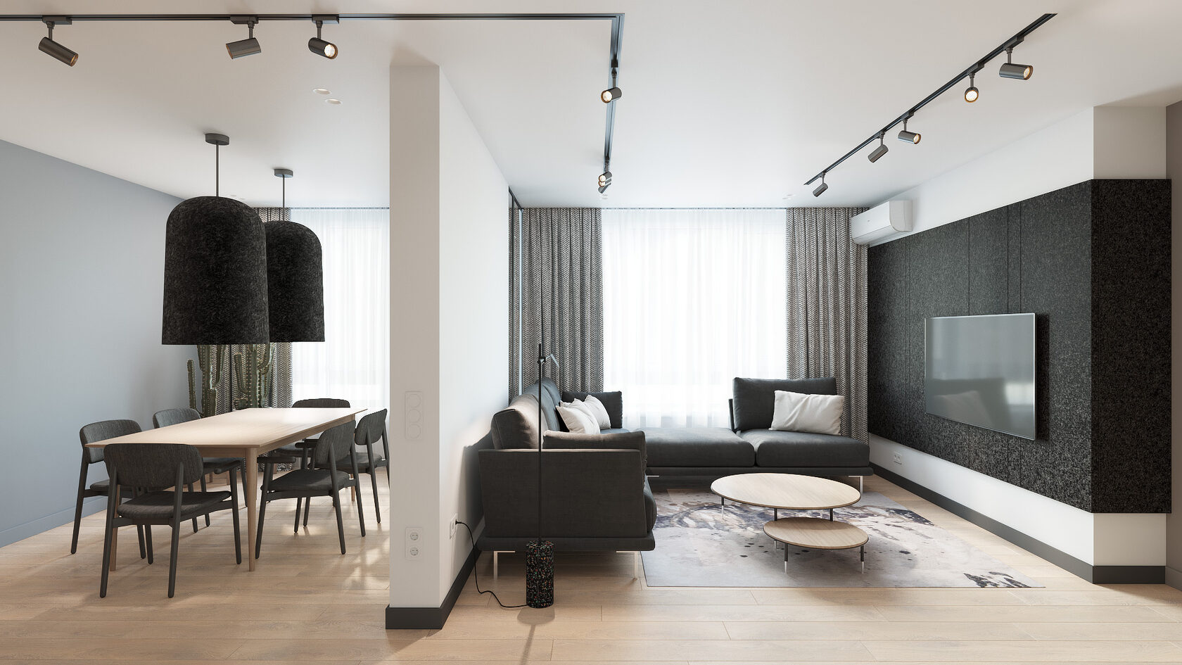 Aménagement d’un appartement avec cuisine ouverte reliant salle à manger et séjour, espace central optimisé