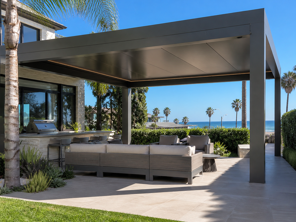 solid roof patio cover Irvine CA backyard dining shade and attached patio cover