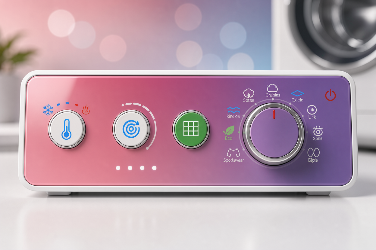 Illustration of a control panel and cycle selector with icons for temperature, spin and program, without brand names
