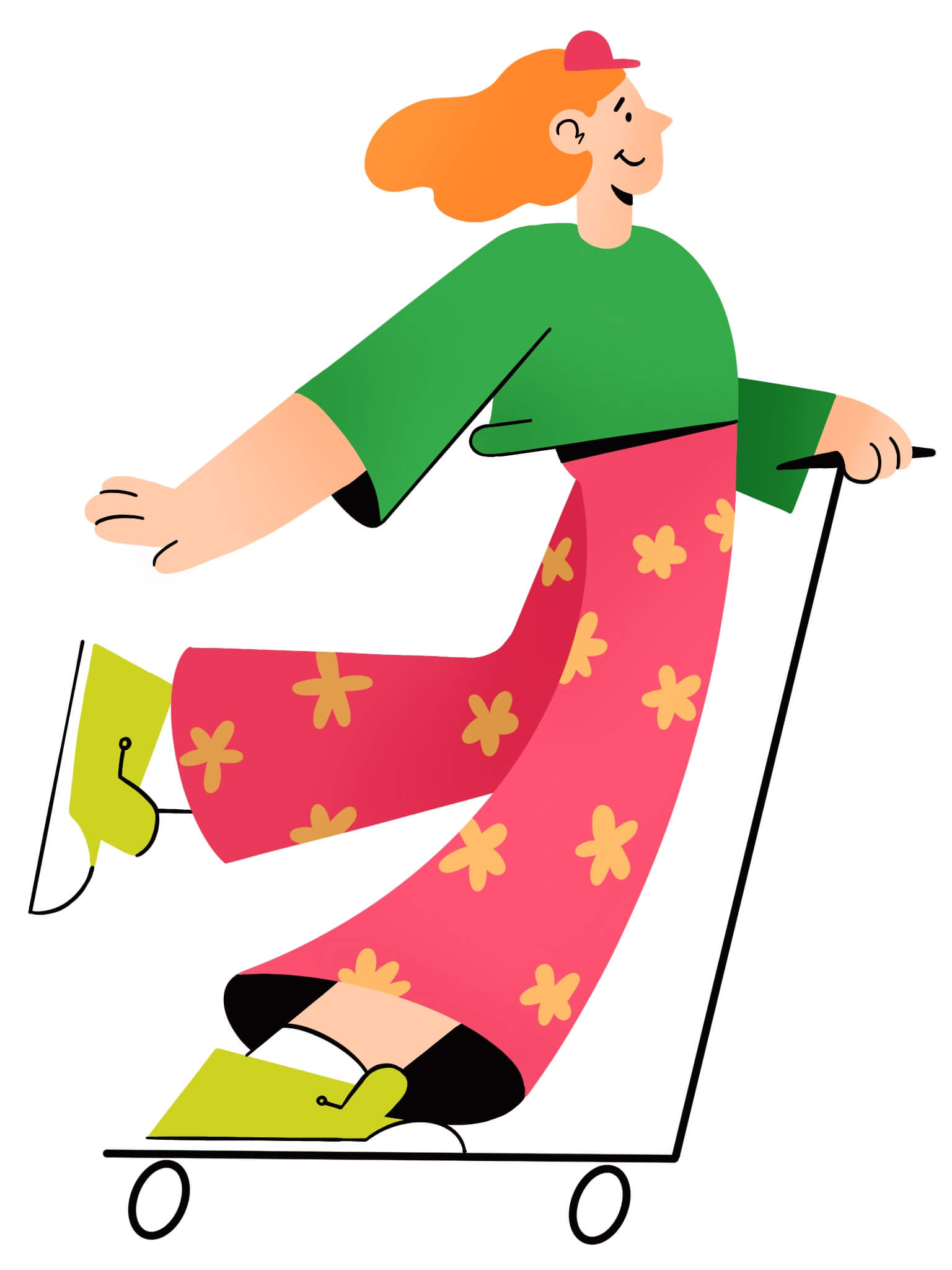 Яркая иллюстрация девушки на самокате в зелёной кофте и юбке с цветами – динамика и жизнерадостность