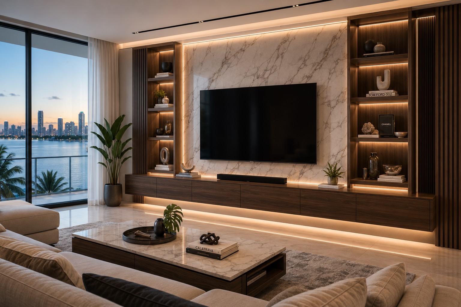 Luxury contemporary entertainment center featuring floating walnut cabinetry, marble-look architectural panels, integrated LED lighting, and panoramic Biscayne Bay views in a Miami residence.