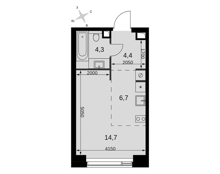 Планировка студии 30,1 м² в ЖК «Амбер Сити»: корпус 6, секция 1, 15-й этаж