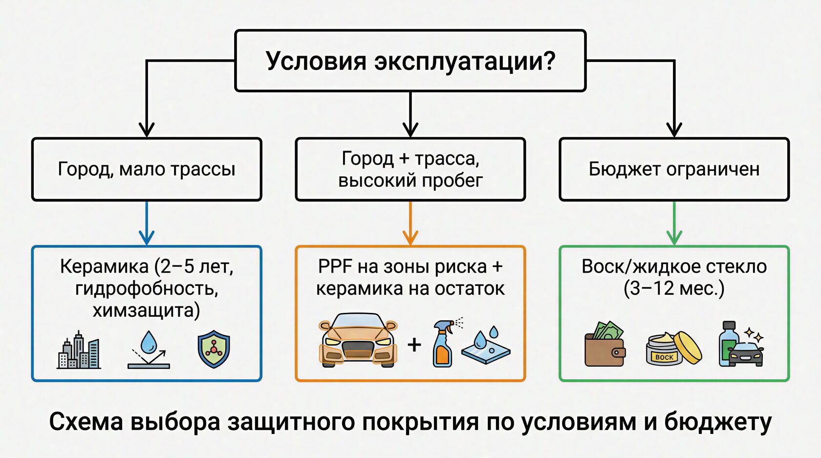 Схема выбора защитных покрытий: воск, керамика, PPF с их сроками службы и плюсами