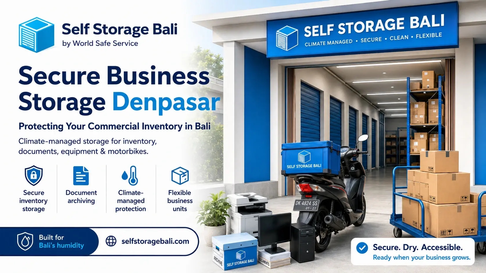A climate-managed secure business storage facility in Denpasar Bali by Self Storage Bali showing inventory boxes a delivery motorbike and office equipment safely stored.