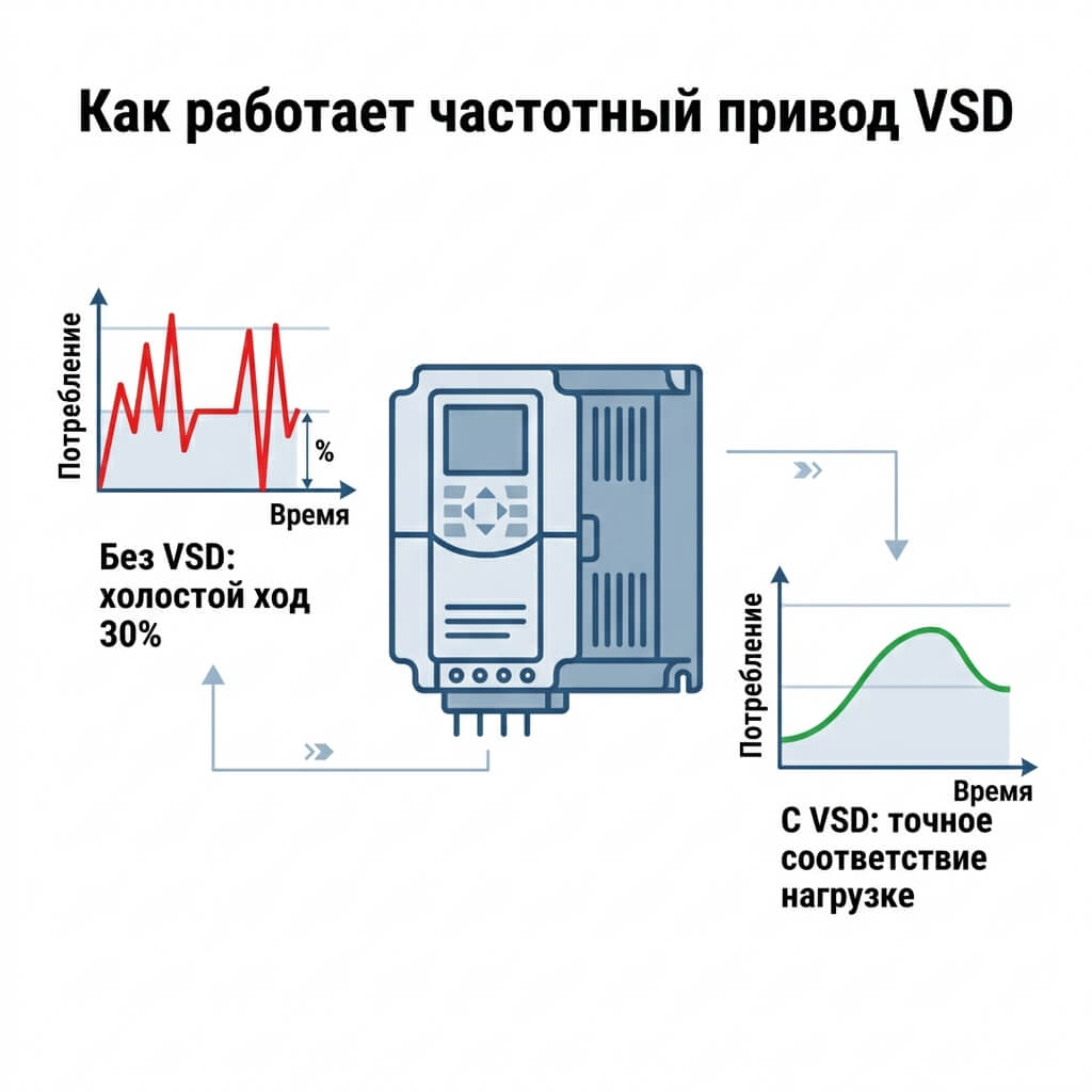 Принцип работы частотного привода VSD компрессора: сравнение графика энергопотребления с холостым ходом и без него