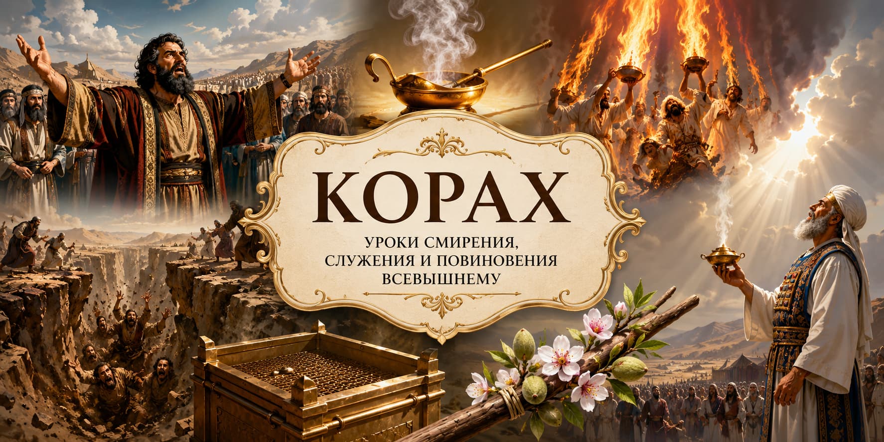 Корах — иллюстрация к недельной главе Торы: восстание Кораха против Моше и Аарона поглощение бунтовщиков землёй воскурение кторет цветение посоха Аарона и служение коэнов в Святилище.