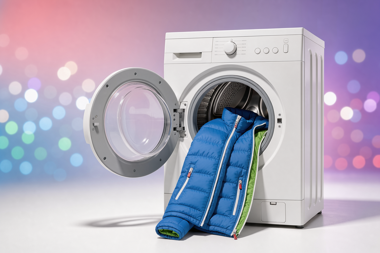 Front-load washing machine with an open drum and a down jacket partially inside, showing zippers and pockets closed, no brand logos