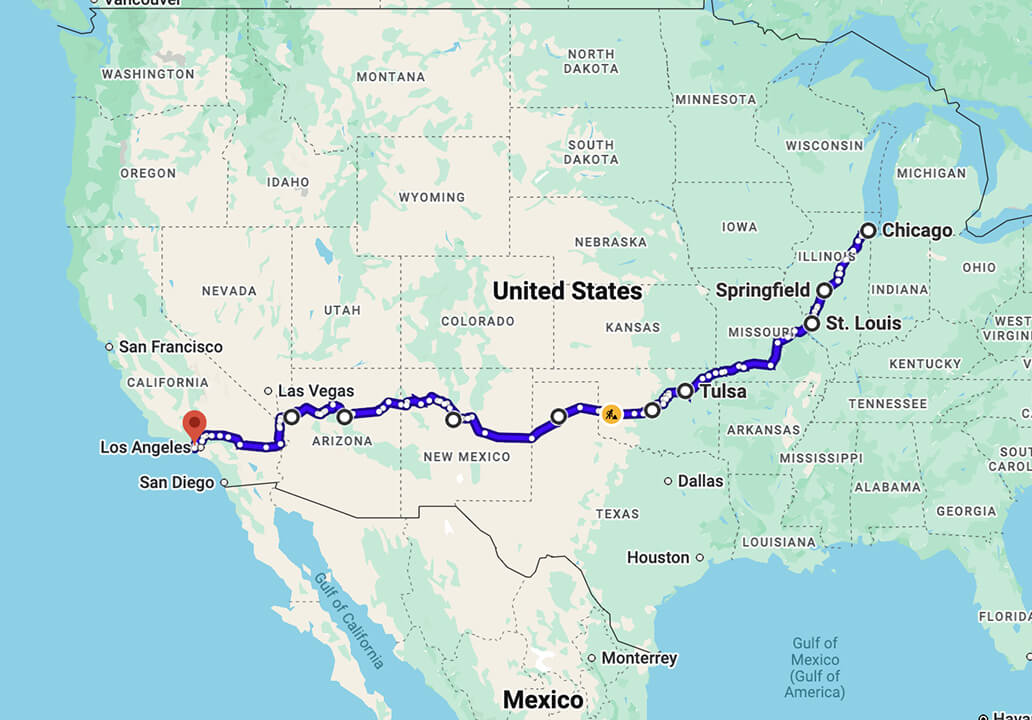 Route 66 map from Chicago to Southern California