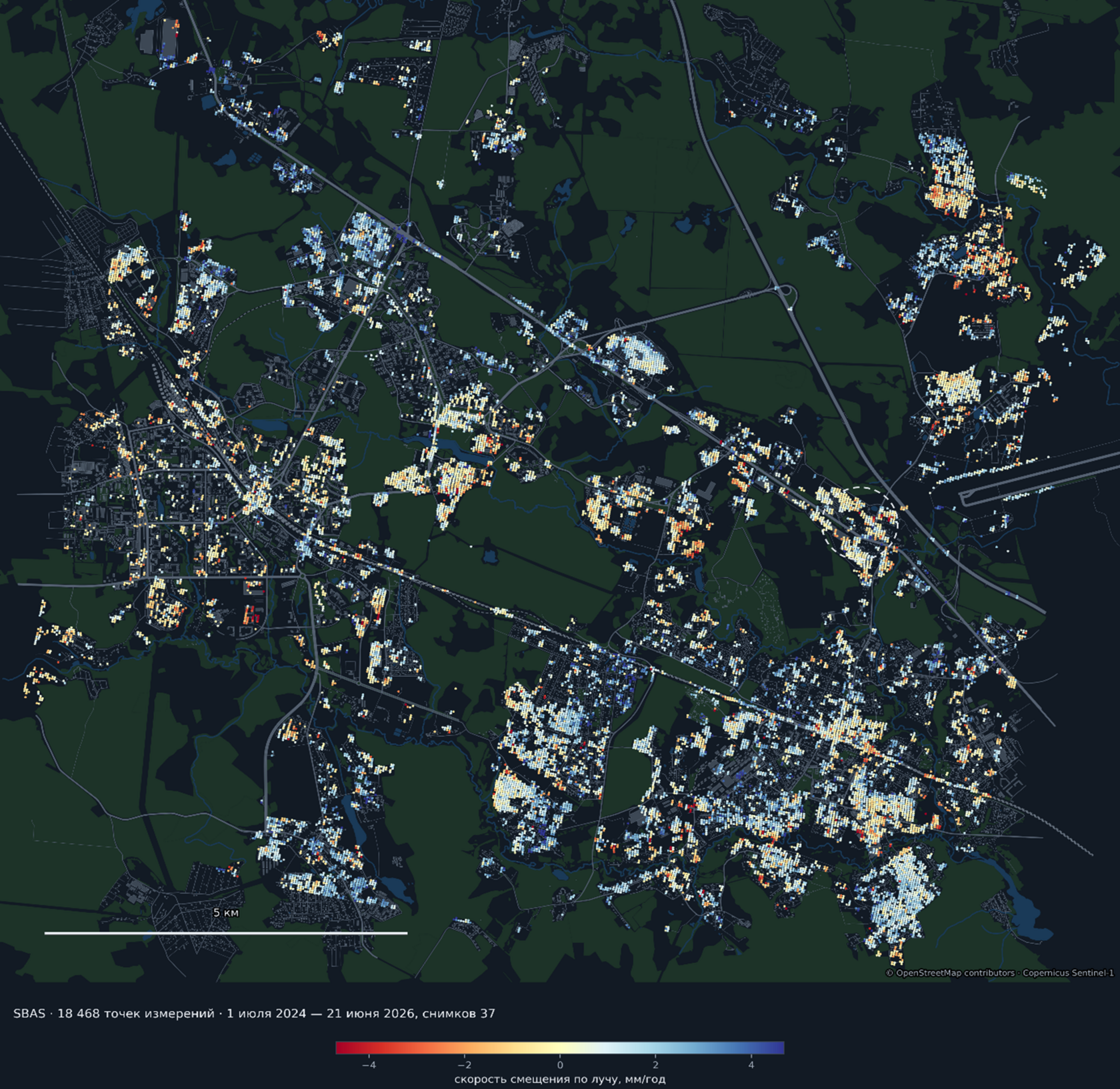 (fig. 2) The entire frame, SBAS method: measurements fall on buildings, roads, and industrial sites, while forest and fields remain empty — there is nothing there for the radar to reflect from.