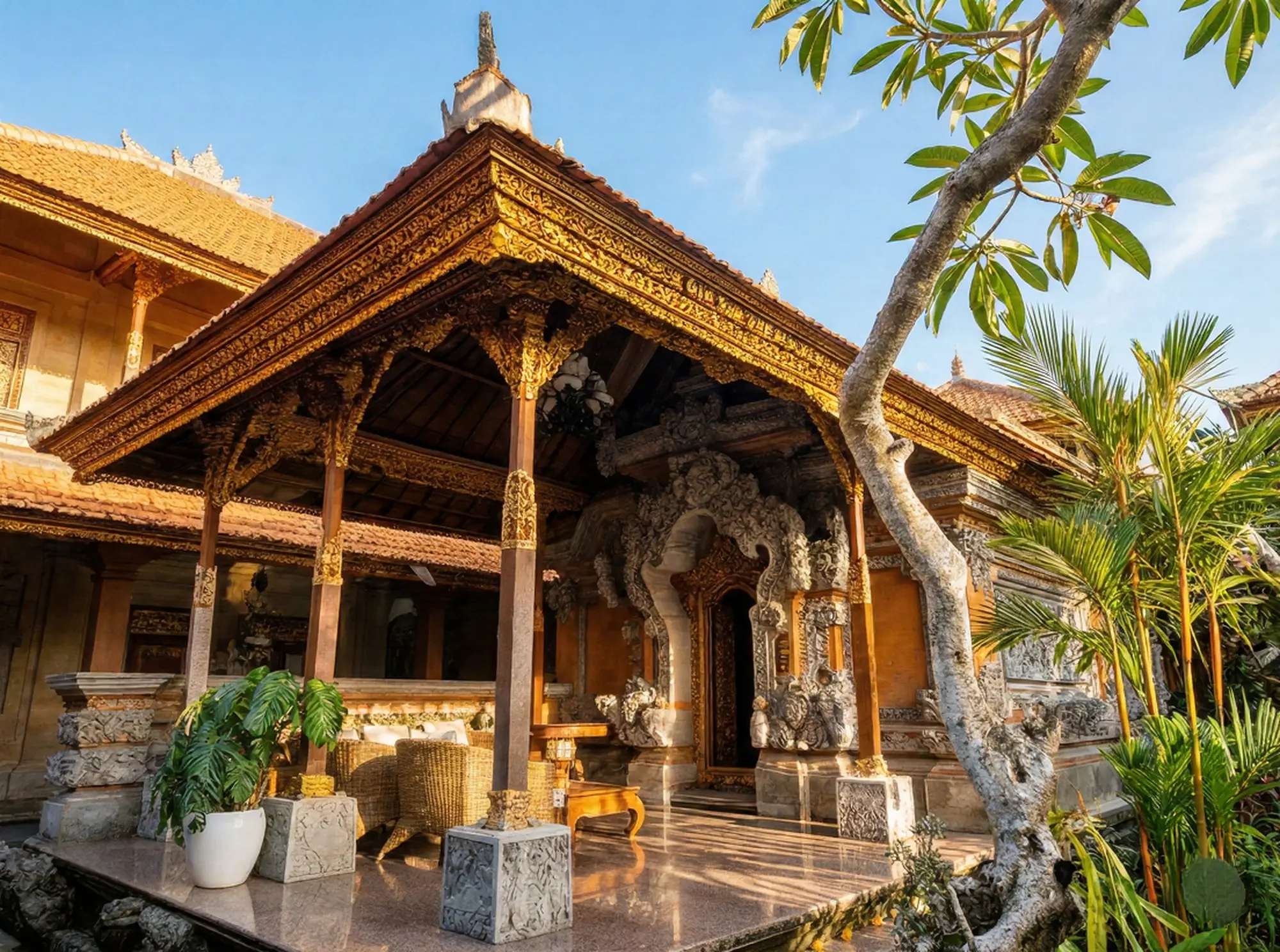 Traditional Balinese Bale pavilion with intricate gold carvings at Ubud Palace.