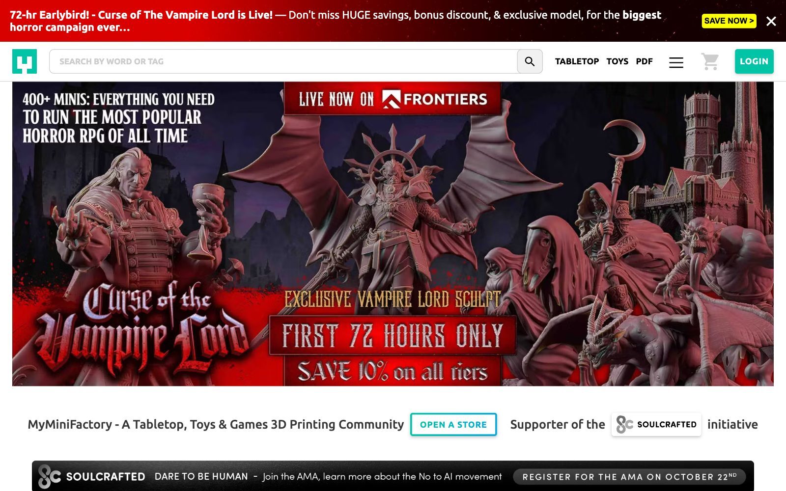 Screenshot of the MyMiniFactory homepage, a tabletop, toys and games 3D printing community, with a banner for a horror miniatures campaign and links for tabletop, toys and PDF