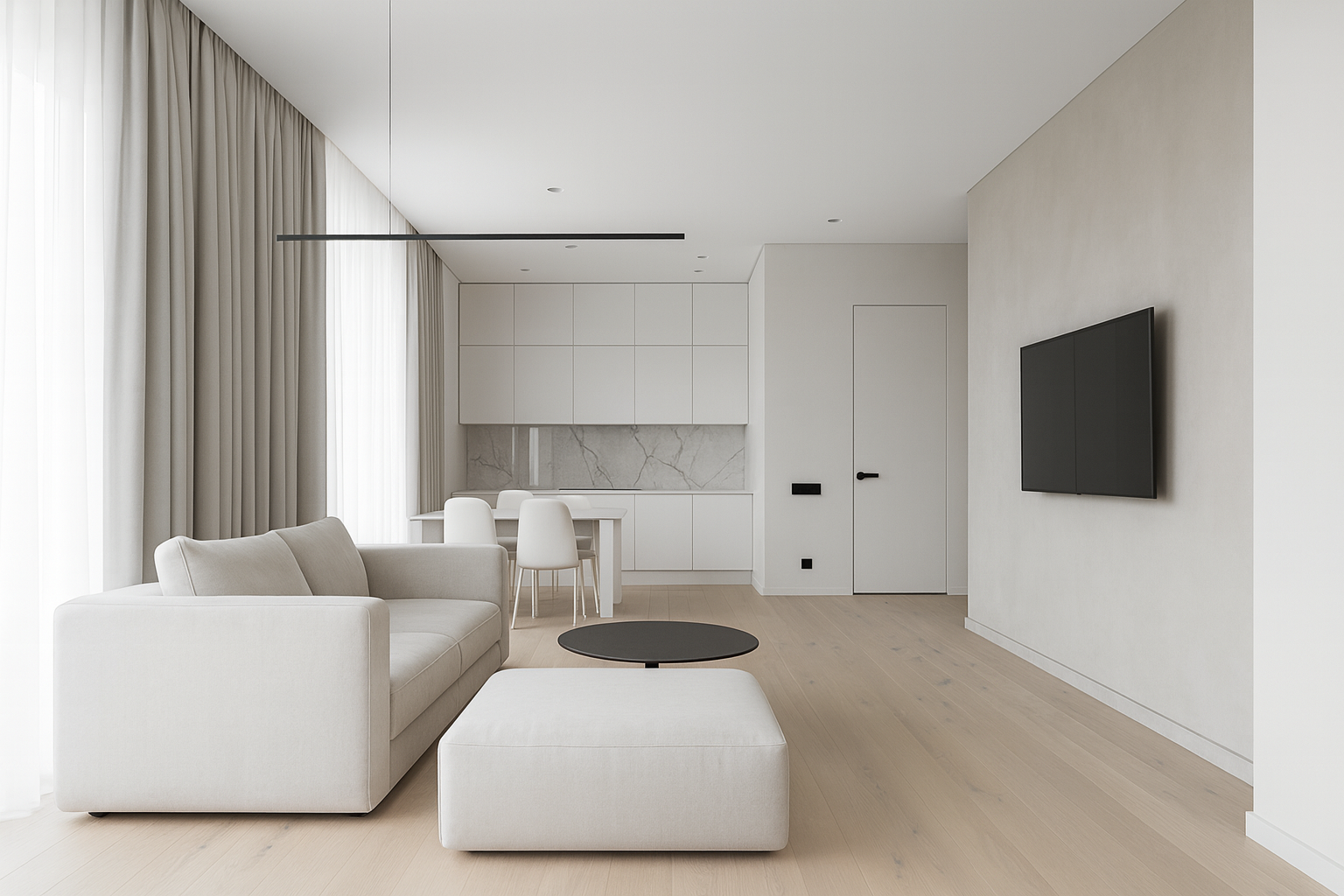 Современный минимализм: светлая гостиная с трековым светом и нейтральной палитрой