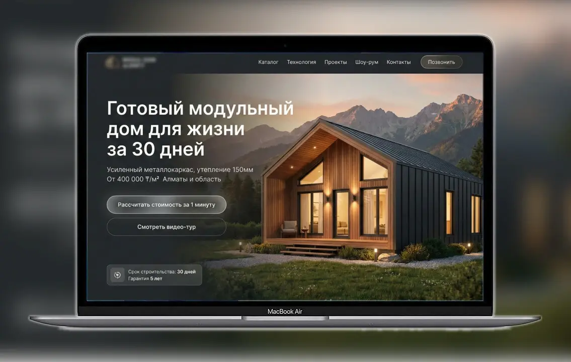 дизайн главного экрана сайта по продаже модульных домов в Алматы с оффером готового дома за 30 дней