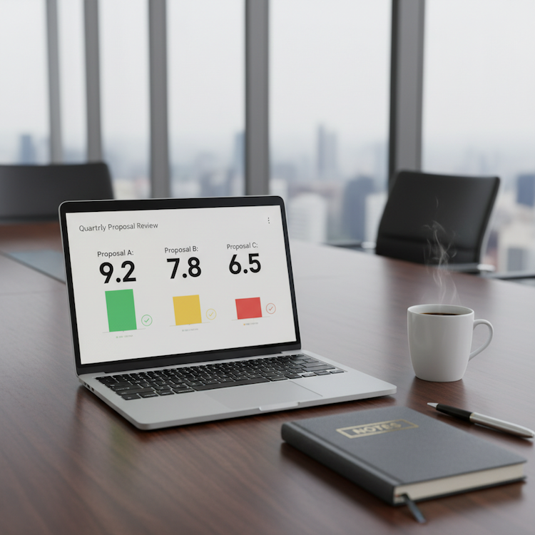 Laptop on a desk in conference room with scores on the screen