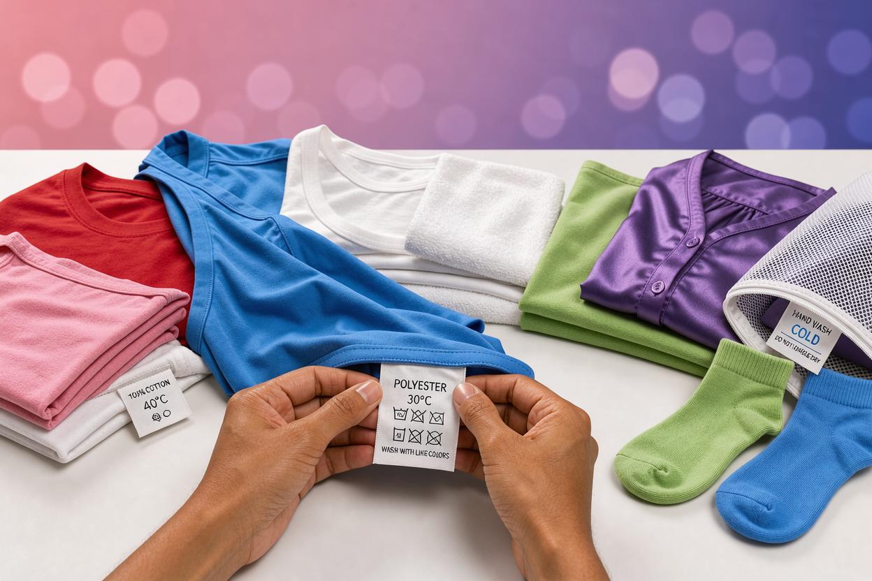 Close-up of hands sorting laundry into separate piles by color and fabric, with visible garment care labels and a mesh laundry bag nearby, no branded detergents