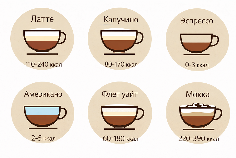 схема с сравнением калорийности основных видов кофе