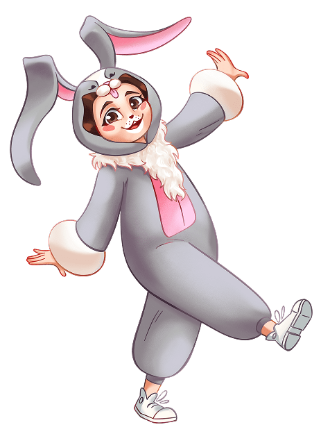 An illustration of a girl dressed as a cute gray bunny for a children's play