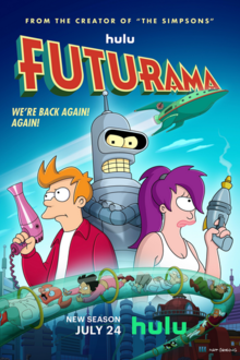 Futurama — постер мультсериала с Фраем, Лилой и Бендером, стоящими на фоне футуристического города будущего