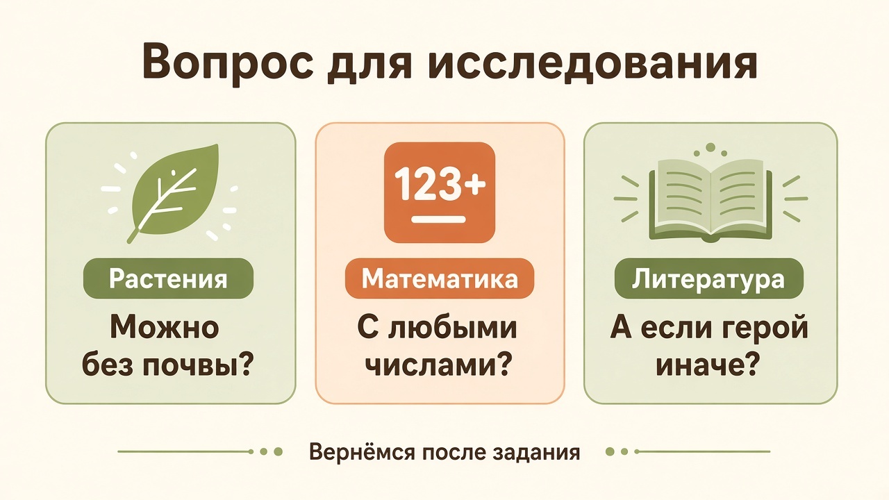 Вопросы для исследования на растениях, математике и литературе можно сохранить до конца задания