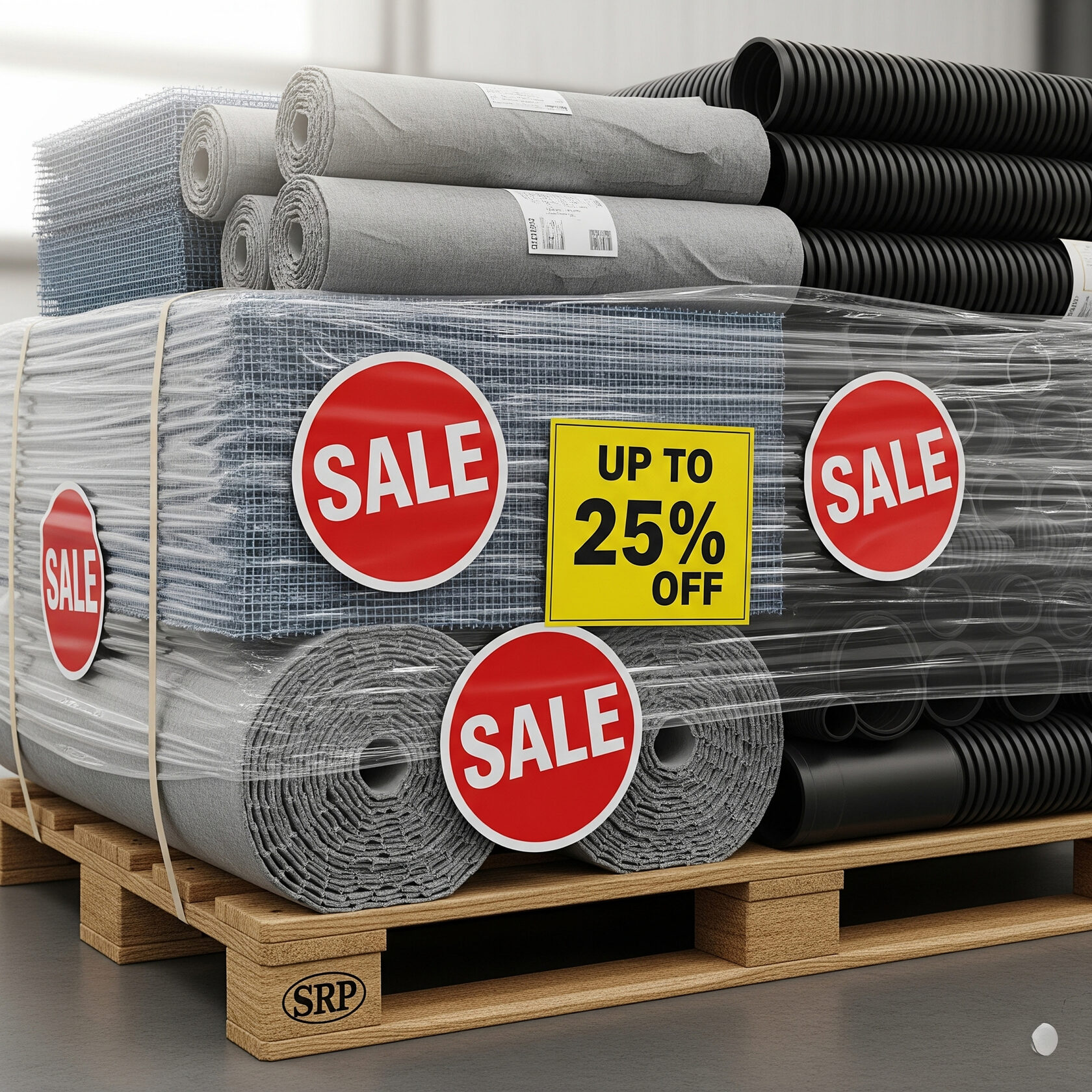 A pallet of construction materials on sale, featuring rolls of grey mesh and fabric, black corrugated pipes, with multiple "Sale" signs and a yellow tag indicating up to 25% off, all wrapped in plastic on a wooden pallet.