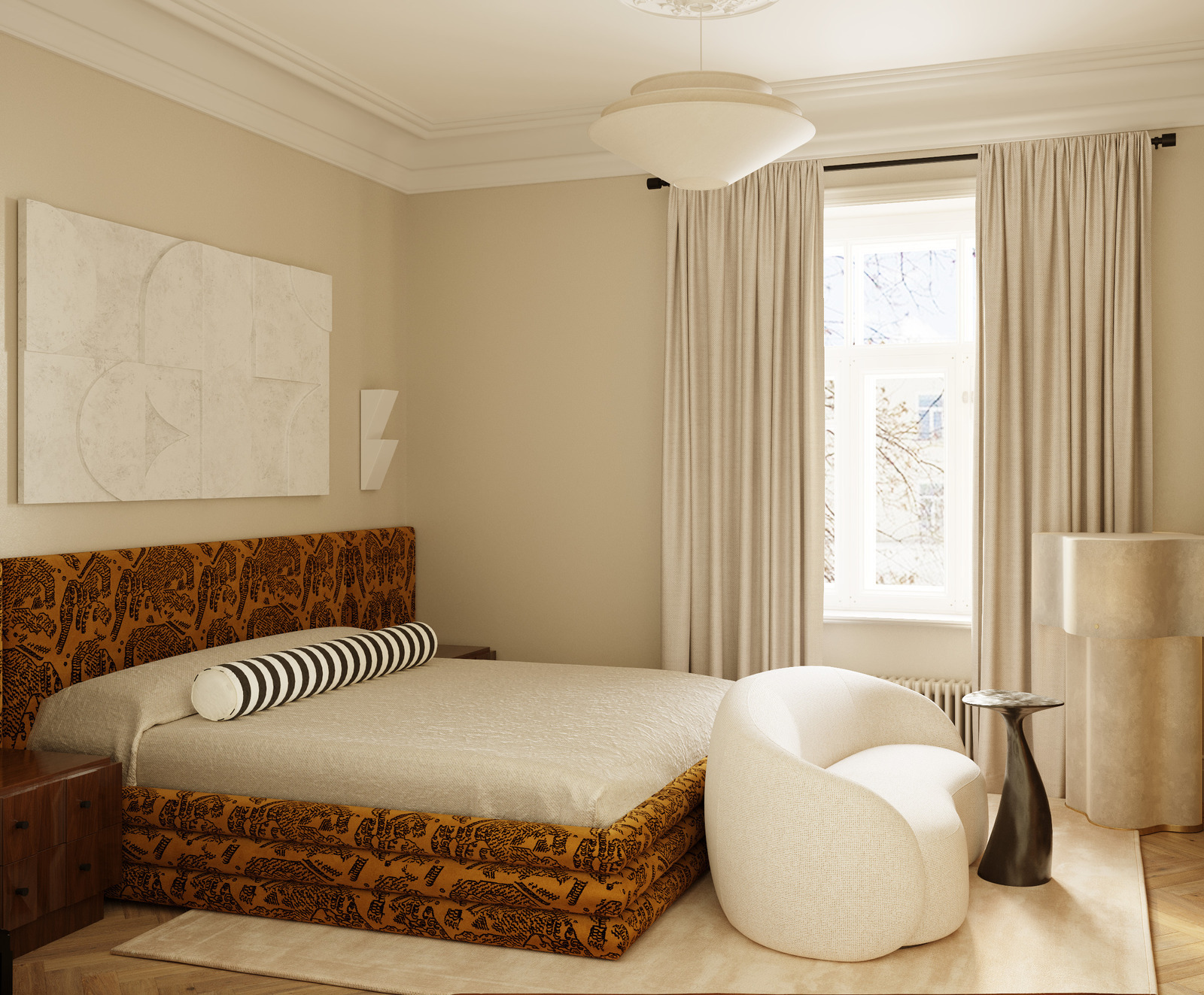 Текстиль Dedar и бра Atelier Areti в спальне дизайн-проекта Екатерины Фёдоровой