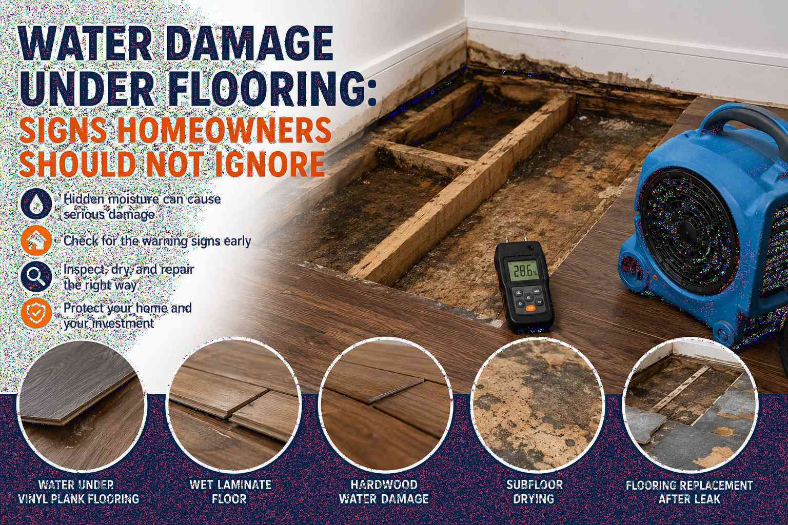 Water damage under flooring infographic showing exposed subfloor hidden moisture air mover moisture meter vinyl plank wet laminate floor hardwood water damage and flooring replacement after leak