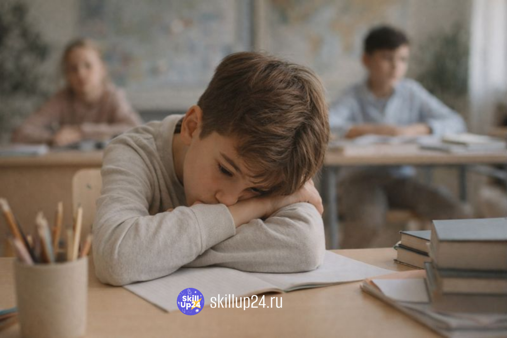 Уставший школьник за учебным столом — почему дети не хотят учиться. Онлайн-школа SkillUp24 помогает вернуть мотивацию и интерес к учёбе для учеников 1–11 классов в городах: Астрахань, Барнаул, Владимир, Владивосток, Волгоград, Воронеж, Екатеринбург, Ижевс