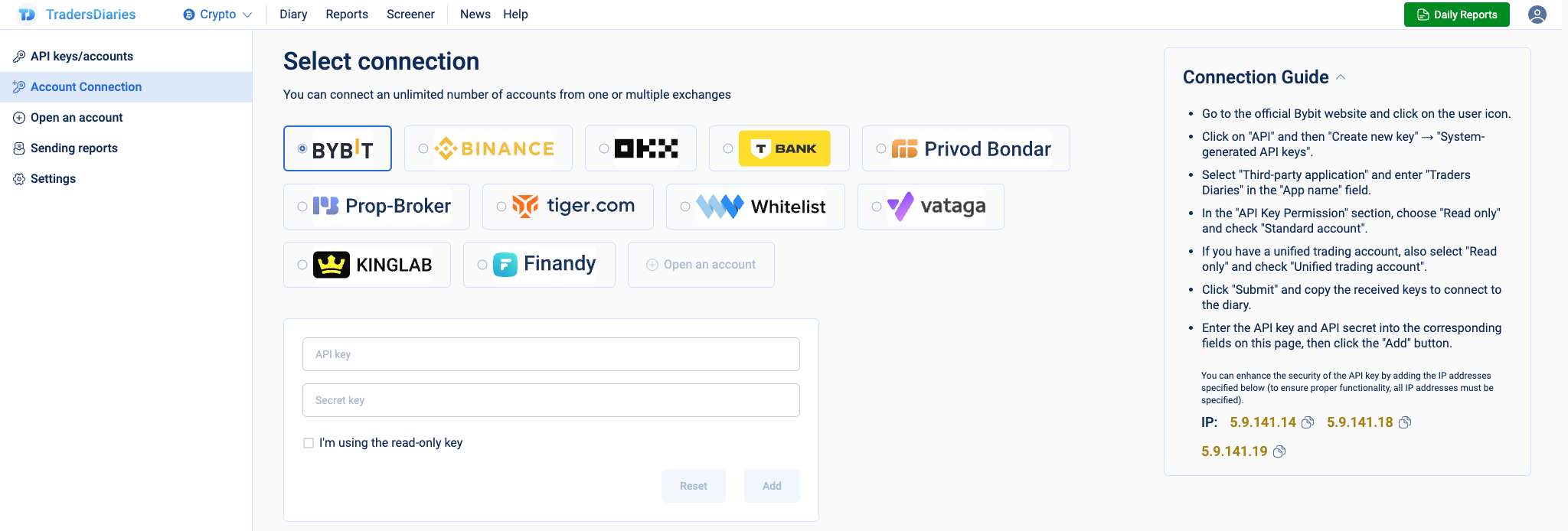 How to connect Diary to Bybit Exchange