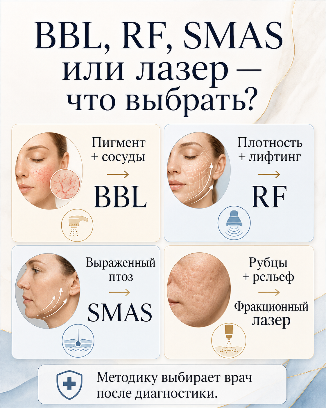 Сравнение BBL RF SMAS и фракционного лазера по задачам